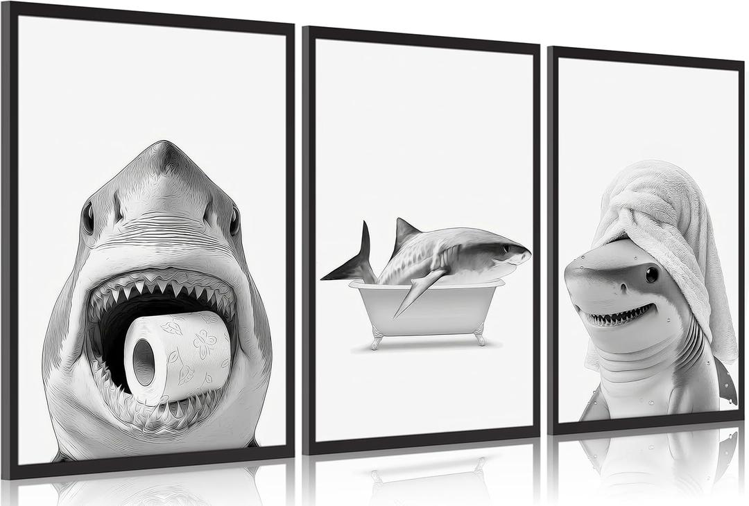 3pcs Black And White Shark Bathroom Canvas wall art Funny ocean Animal bathtub Paintings Pictures Wall Decor Modern Poster Printing Artwork for Restroom Toilet Home Decoration Unframed (16x24in)