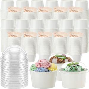 300 Pack Ice Cream Cups with Dome Lids No Hole and Spoons Bulk Disposable Paper Dessert Bowls White Sundae Containers for Snack Yogurt Soup Birthday Summer Ice Cream Party Supplies (8 oz)