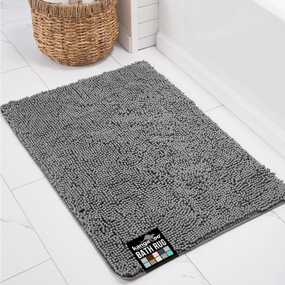KANGAROO Bathroom Rugs, Chenille Soft Absorbent Bath Rug, Shaggy Shower Mat, Quick Dry Machine Wash Bathmat, Plush Carpet Mats for Tub, Bathtub and Room Home Decor Accessories, 24x17, Gray (Grey)
