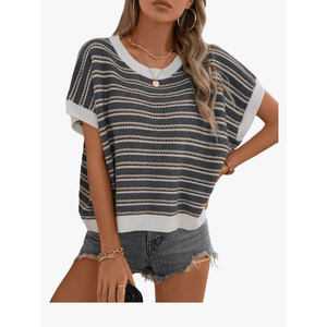 SOLY HUX Women's Sweater Striped Crew Neck Short Sleeve Pullover Tops Knit Sweater Tops Medium
