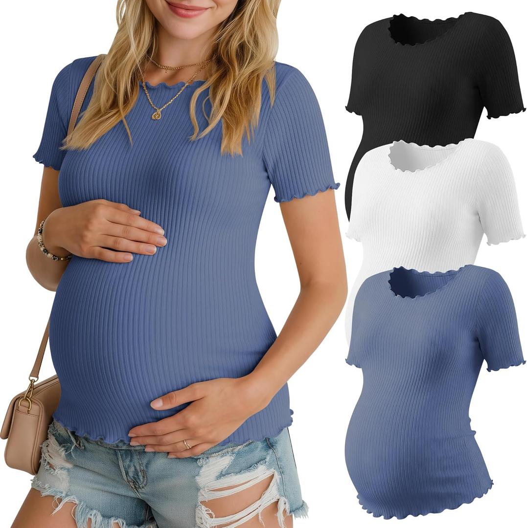 3 Pack Women's Maternity Ribbed Shirts Cotton Short Sleeve Pregnancy Tops Boat Neck Lettuce Trim Mama Clothes (XXL)