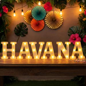 Aurelema 6 Pcs Havana Party Decorations Light up Sign Havana LED Marquee for Hot Night Party Supplies Battery Powered Tropical Alphabet Letter Summer LED Lights for Night Birthday, 6.3 inches
