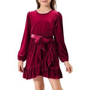 Blibean Tween Girls Velvet Fall Dresses Teen Kids Long Sleeve Velour Outfits Semi Formal Flannel Casual Party Clothes, Size 10-11 Years, Old Pink
