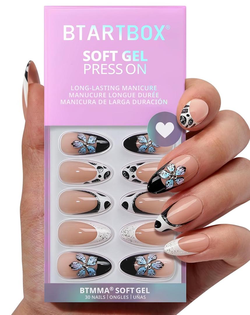 BTArtbox Press On Nails Medium - 3D Flower Almond French Tip Press On Nails with Glue for Women, Opaque Soft Gel Glue On Nails in 15 Sizes - 30 Stick On Nails Kit, Bessie & Bestie