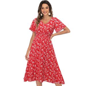Gardenwed Chiffon Floral Dresses Summer Midi Wedding Guest Dress V Neck for Women Elastic Waist (X-Large)