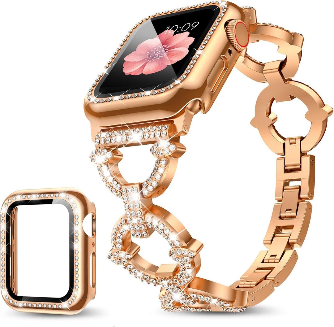 Mesime Compatible with Apple Watch Band 38mm 40mm 41mm 42mm 44mm 45mm 46mm, Women Bling Jewelry Bands with Tempered Glass Screen Protector Case, Shiny Strap for iWatch Series 10/9/8/7/6/5/4/3/2/1/SE
