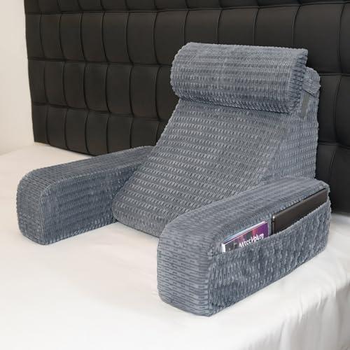 Selectico Reading Pillow for Bed, 19" Back Pillow for Bed Sitting up, Big Pockets & Built-in Arms, Backrest Cushion, Wedge Support for Reclining/Reading/Resting/Watching TV, Washable Cover, Slate Blue