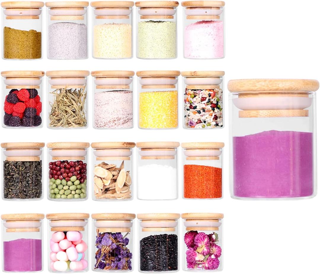 Tzerotone Spice Jar Set,2.5oz 20 Piece Glass Jar with Bamboo Airtight Lids and Labels, Mini Clear Food Storage Containers for pantry, kitchen canisters for Tea, Herbs, Sugar, Salt, Coffee