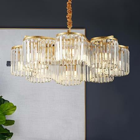 Salaiwei 30.3“ Gold Semi Flush Mount Ceiling Light Fixtures, 8-Light Gold Modern Crystal Chandelier Height Adjustable Pendant Lighting for Bedroom Entryway Hallway Kitchen Island Living Room Foyer