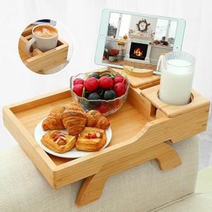 4 in 1 Bamboo Couch Arm Tray with Storage & Cup Holder, 360 Rotated Adjustable Sofa Arm Rest Tray Table for Couches, Armchair Caddy Organizer for Snacks & Drinks, Couch Armrest Table for Living Room