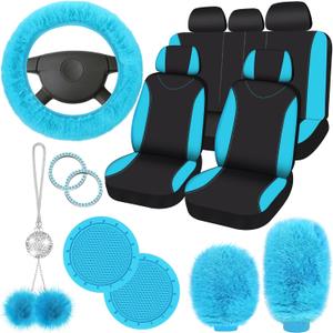 Fulmoon 17 Pcs Car Seat Cover Full Set for Women Fluffy Fuzzy Car Accessories Christmas Front Rear Steering Wheel Fleece Handbrake Shift Covers Hanging Accessory Holder Ring Emblem (Turquoise Black)