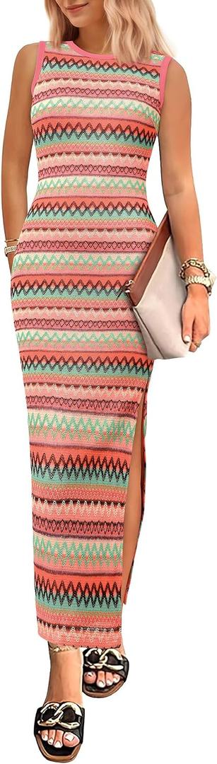 PRETTYGARDEN Womens Maxi Tank Spring Dress Sleeveless Crew Neck Striped Side Slit Casual Long Bodycon Dresses (Pink)