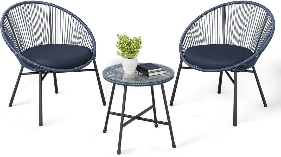 GarveeHome 3 Pieces Outdoor Acapulco Chair Patio Bistro Set, All-Weather Acapulco Chairs with Glass Top Table, Modern Patio Conversation Chairs Set of 2 for Balcony, Pool, Garden, Backyard, Blue