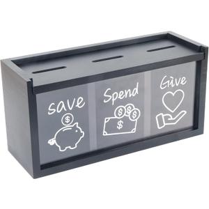 Spend Save Give Piggy Bank for Kids, Money Coin Savings Piggy Bank Jar Box for Kids Child Safe Money Saver, Teach Children About Giving & Saving Money Piggy Box for Childrens Boys Girls, Black