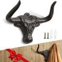 Cast Iron Coat Hooks Wall Mount 2 Pack Outdoor Western Decorative Wall Hooks Heavy Duty Towel Hooks for Bathroom Entryway Closet Cow Bull Animal Hooks Western Rustic Farmhouse Wall Decor, Antique Rust