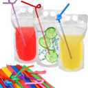 100 Pcs Drink Pouches with 100 Straw Holes, Freezable Juice Pouches, Translucent Reclosable Zipper Plastic Pouche Drink Bags for Cold & Hot Drinks for Adults and Kids