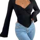 Avanova Women's Long Sleeve Square Neck Crop Top Twist Front Asymmetrical Shirt Black Large