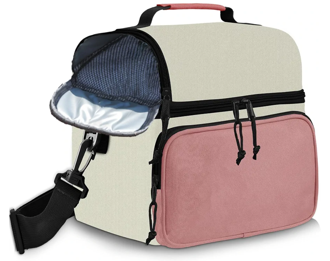 Insulated Lunch Box Dual Compartment Lunch Bag Leakproof Cooler for Men Women with Adjustable Strap,for Work, Picnic, Beach, Camping, Travel (Pink Beige,12L)