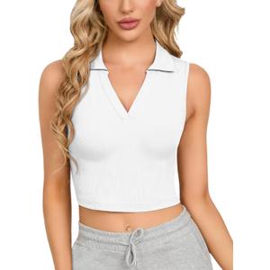 CLOZOZ Womens Tank Tops Polo Crop Top V Neck Ribbed Sleeveless Tops Collar Shirts Womens Crop Tops Polo Cropped Tank Trendy (X-Small, White)