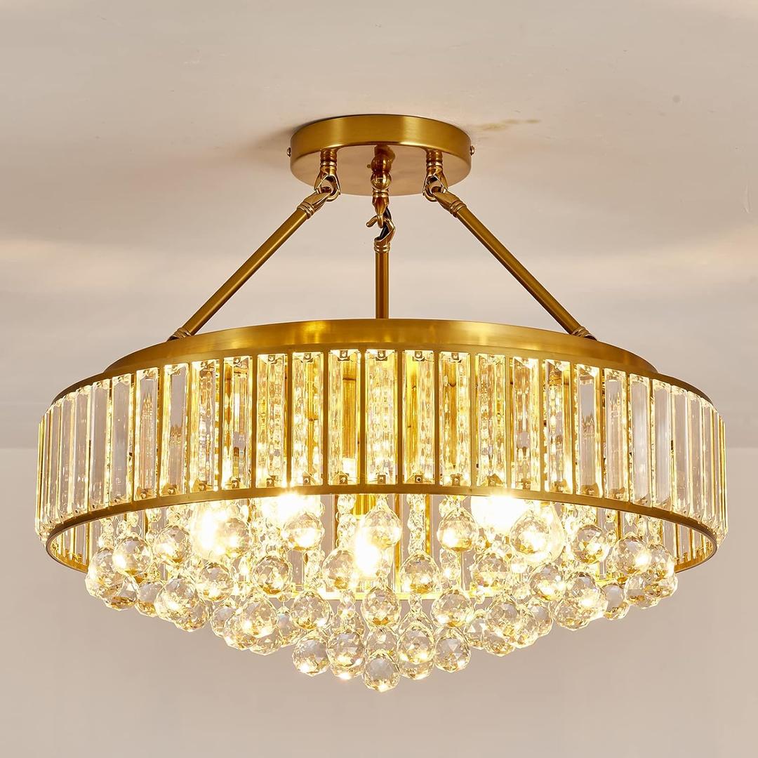 YYJLX 6-Light Modern Large Crystal Chandelier Gold Metal E26 Semi Flush Mount Round Ceiling Light Fixture Ceiling Lamp Farmhouse for Dining Room Living Room Laundry Room Foyer Kitchen Bedroom