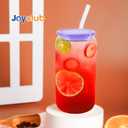Joyclub 12pcs Glass Cups with Acrylic Lids and Straws 16 oz Can Shaped Glass Iced Coffee Cups with Lids and Straws, Cute Tumbler Cup Drinking Glasses for Smoothie Whiskey Boba Soda Tea Gift