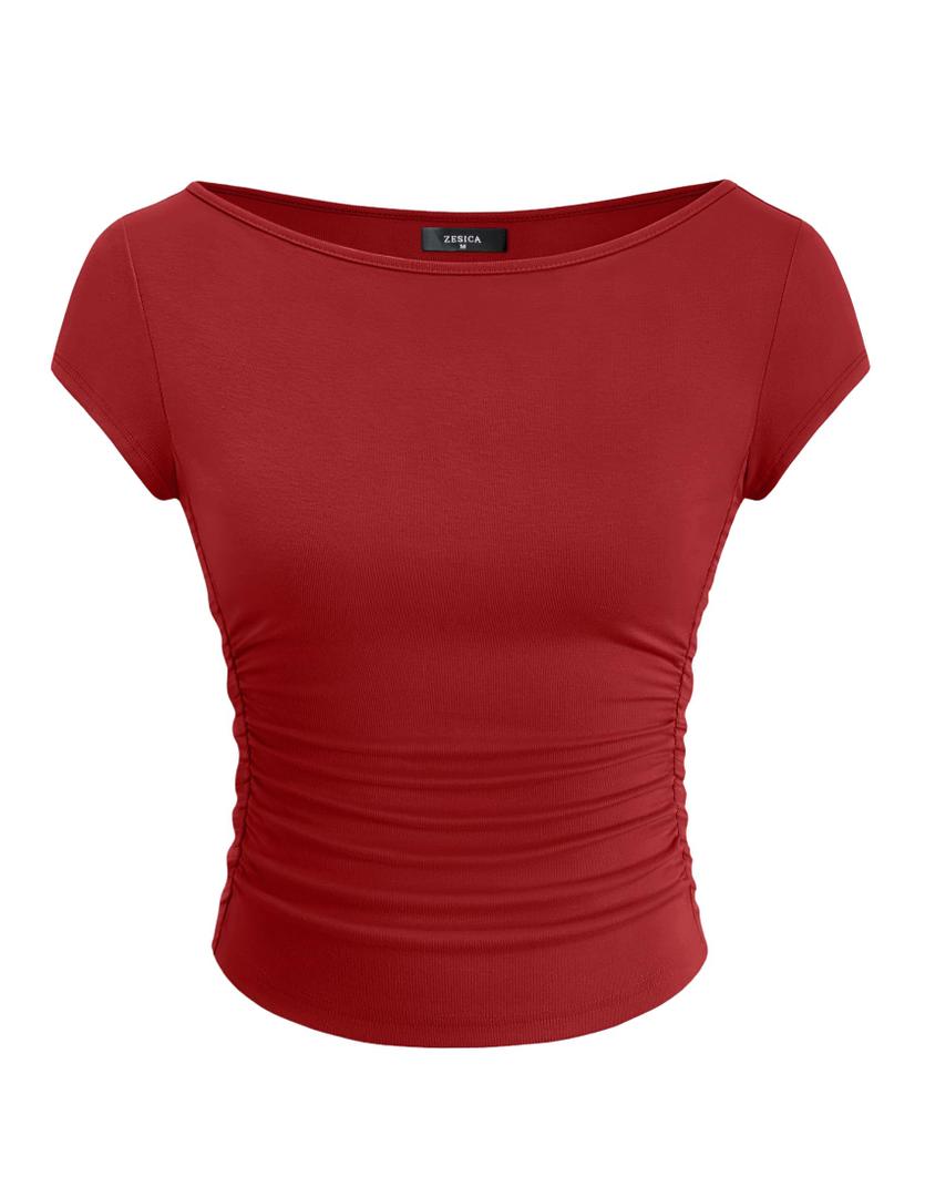 ZESICA Women's Summer Boat Neck Short Sleeve T Shirts 2026 Spring Slim Fit Y2k Going Out Crop Tops Basic Trendy Outfits, Red, XL (Red, XL)