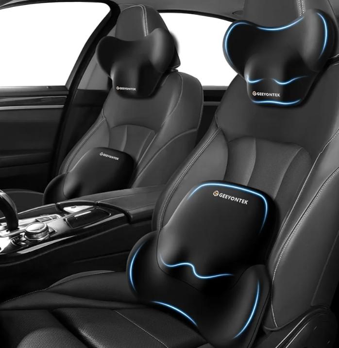 Car Lumbar Support Pillow and Neck Pillow kit for Back & Neck Pain Relief Ergonomic Memory Foam Car Seat Headrest & Lumbar Cushion with Adjustable Strap for Driving Seat/Office Chair Black, 1