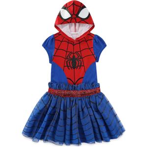 Marvel Spider-Man Girls Hooded Tulle Cosplay Dress for Toddler and Big Kids (4T, Red/Blue)