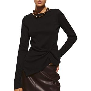 URBAN REVIVO Long Sleeve Asymmetrical Tops for Women Ruched Slit Fitted Basic Tees Y2k Going Out Tunic Shirts (Black, S)
