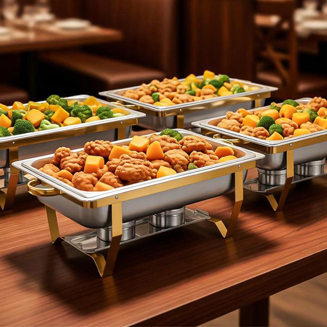 XYJBHB 4 Pack Chafing Dish Buffet Set 8QT, Food Warmer for Parties Buffet, Full Size Chafing Pans, Chafers and Buffets Warmers Sets for Catering (4 Pack Gold)