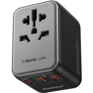 MOMAX Universal Travel Adapter, 20W GaN Fast International Power Adapter, 2 USB A & 1 USB C, Worldwide Travel Plug Adapter, International Power Adapter for Europe, USA, Japan, Australia (Type C/A/G/I) (Black)