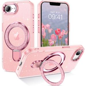 DOMAVER Magnetic Case for iPhone 16e 2025 with Stand [Compatible with Mag Safe], Glitter Translucent Slim Back Shockproof Protective Soft Cover with Bling Kickstand for iPhone 16e- Pink