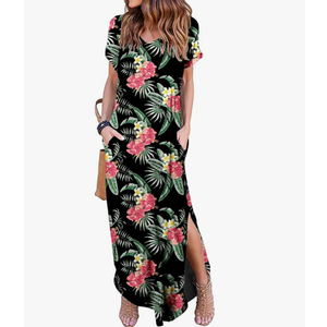 Women's Casual Loose Sundress Short Sleeve V Neck Long Dress Split Maxi Summer Beach Dress with Pockets, L