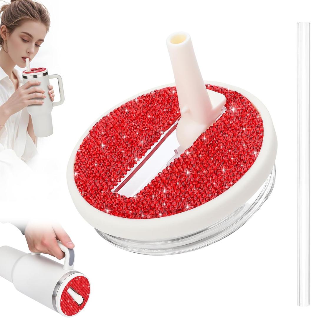 SAVORI 40 oz Tumbler Flip Straw Lid Replacement fit for Stanley Quencher H2.0, Rhinestone 40 oz Leak Proof Lid for Stanley Tumber, Non Spill Lids for Stanley Cup (Cream-Red Rhinestone, 40 oz)