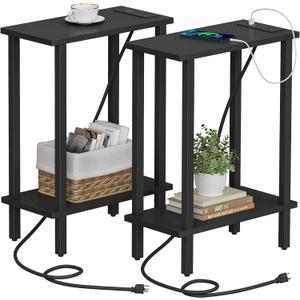 TUTOTAK Small End Table with Charging Station, Narrow Side Table with USB Ports and Outlets, Set of 2, Skinny Sofa Table, Slim Nightstand, Living Room, Bed Room, Black TB01BK0602 (2-Tier7.9"D x 15.8"W x 22.5"H)