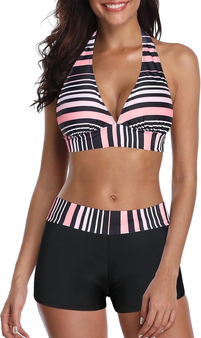 Zando Women's Two Piece Halter Swimsuit Athletic Push Up Bikini Set Swimwear with Boyshorts Sporty V Neck Bathing Suit Pink Black Stripe S (US Size 2-4)