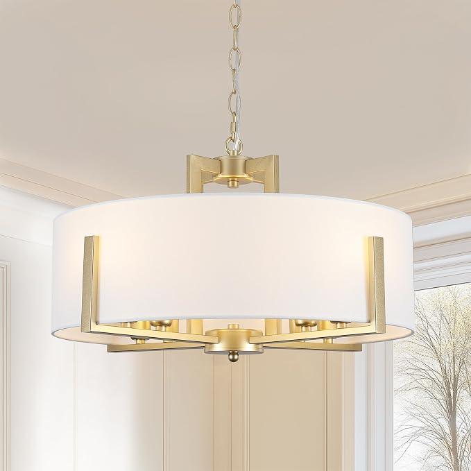 20'' Gold Drum Chandelier 8-Light Modern White Fabric Adjustable Large Farmhouse Pendant Light Fixtures for Dining Room, Stylish and Functional Chandeliers for Kitchen, Living Room, and Bedroom