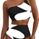 Herseas Women's High Waisted Bikini Sets One Shoulder Floral Print Swimsuits 2 Piece Tummy Control Bathing Suits (Large, Black White Abstract)