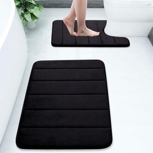 Buganda Bathroom Mat Set, 2 Piece Memory Foam Bath Mat and U-Shaped Toilet Rug, Machine Wash Dry, Soft Non Slip Absorbent Bath Rug for Bathroom, Shower and Tub (24" x 16"+24" x 20", Black)