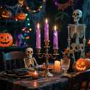 4-Pack Purple Printed Taper Candles Unscented - Dripless & Smokeless 7-Hour Burn - 10" Hand-Poured Candles with Pumkin Skull Ghost Design for Halloween Decoration