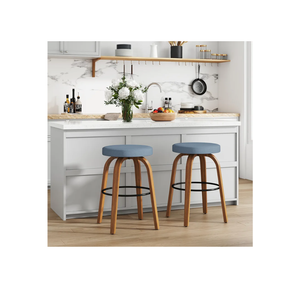 Swivel Bar Stools Set of 2, 26" Counter Height Backless Bar Stools, Fabric Upholstered Seat, Sturdy Curved Wood Legs, Mid-Century Modern Island Stools for Kitchen Bar, Dining Room, Blue