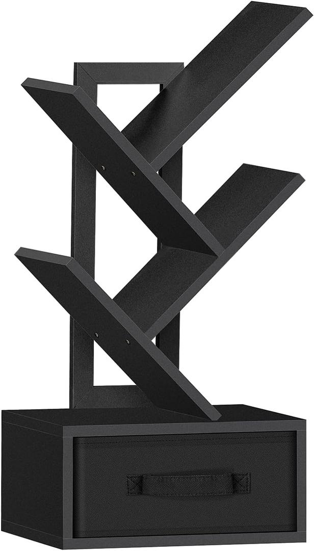 SHEEPAM Small Book Shelf with Drawer, 4 Tier Black Tree Bookshelf, Wooden Desktop Bookcase, Modern Desk Display Storage Bookshelves, Floor Standing Organizer Bookcases for Living Room, Bedroom, Office