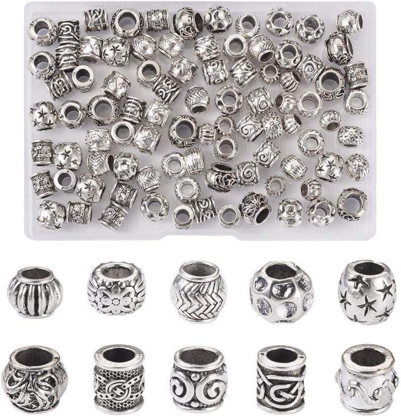 Craftdady 100pcs Antique Silver Barrel European Beads Tibetan Metal Drum Loose Beads Large Hole Rondelle Column Spacer Beads with Wavy Pattern for Jewelry Making Hole: 4-6mm