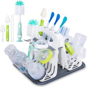 High Capacity Drying Rack with 5pcs Brushes, Deluxe Countertop Drying Rack, Universal Drying Station, Baby Bottle Drying Rack with Bottle Brushes, White