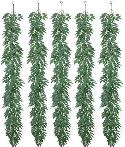 Mizii 5 Packs 390" Artificial Vines Willows Garland Fake Vine Italian Ruscus Silk Green Leaves Faux Plants Greenery Decoration for Bedroom Room Wall Party Table Centerpieces Wedding Arch Decor