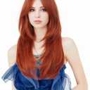Rugelyss Long Wavy Auburn Red Wigs for Women, Layered Synthetic Copper Ginger Hair Wig with Bangs for Daily or Costume Party