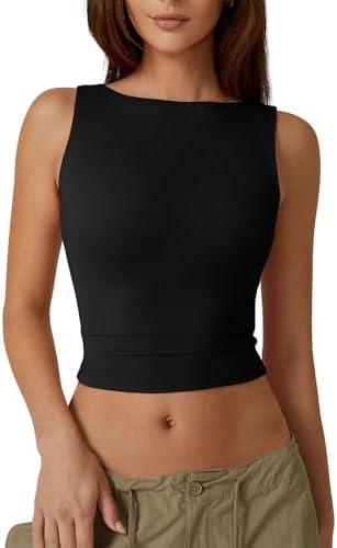 QINSEN Women's Sexy Open Back Sleeveless Crop Tank High Neck Slim Fit Cropped Tee Shirt Y2k Tops size s