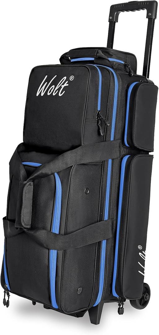 WOLT 3 Ball Bowling Bags with Wheels,Bowling Ball Bag 3 Ball Roller with Separate Shoe Compartment and Accessory Pocket, Retractable Handle Extends to 38 (Black+blue)