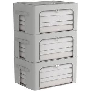 3Pack Frame Storage Box - Clothes Storage Bin Bags Oxford Fabric Foldable Stackable Container Organizer Set with Clear Window & Carry Handles (Grey, Medium-44L)