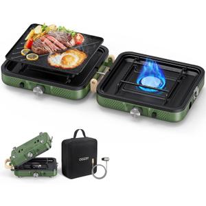 OGERY 2-Burner Foldable Camping Stove with Griddle (Textured & Smooth) and Carrying Bag, Portable Propane Camp Stove with 2 Adjustable Burners & Piezo Ignition, for Camping Tailgating Essentials Gear (Green)
